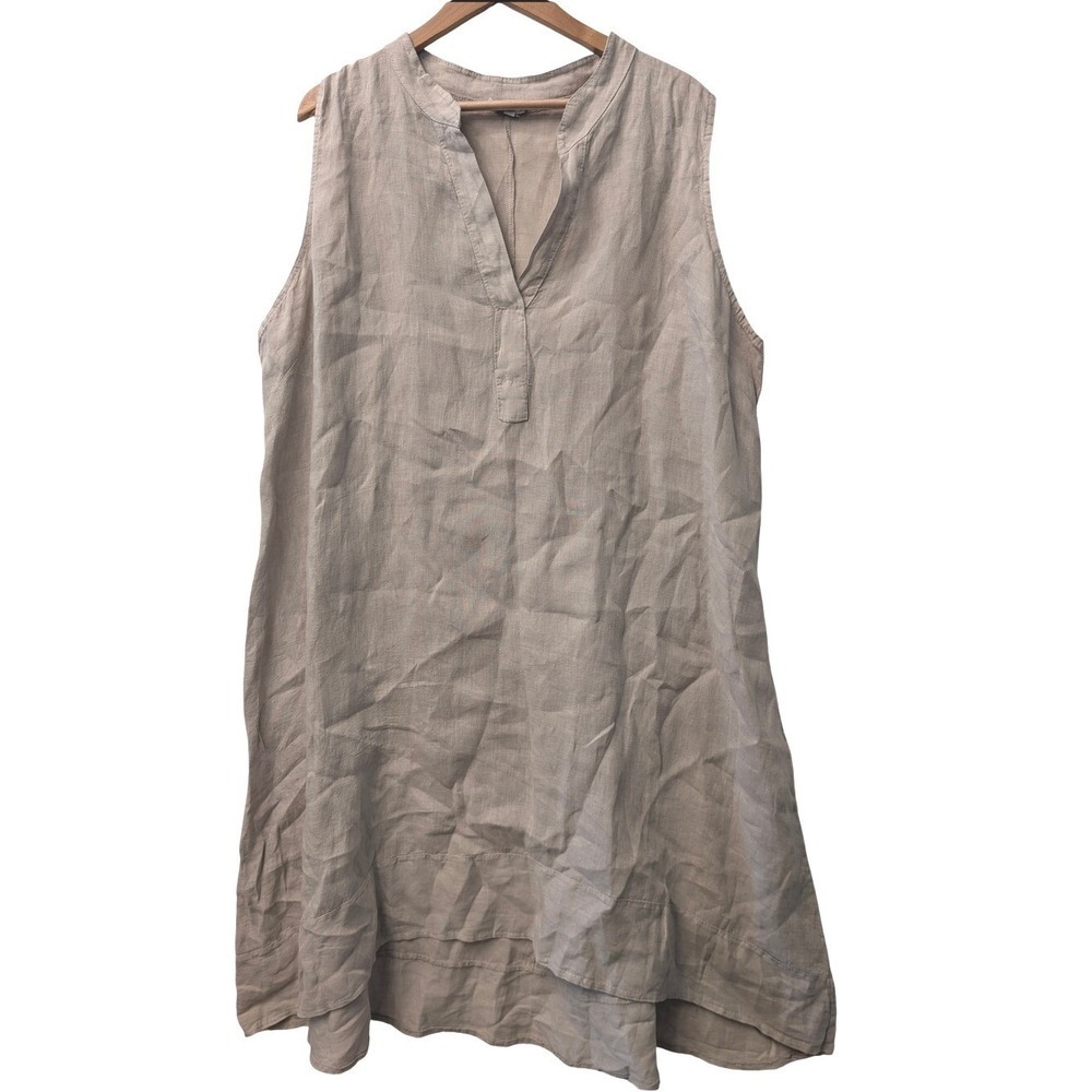 Rosemarine Italy 100% Linen Sleeveless Tunic Dress Taupe Beige 2X‎ Split V-Neck